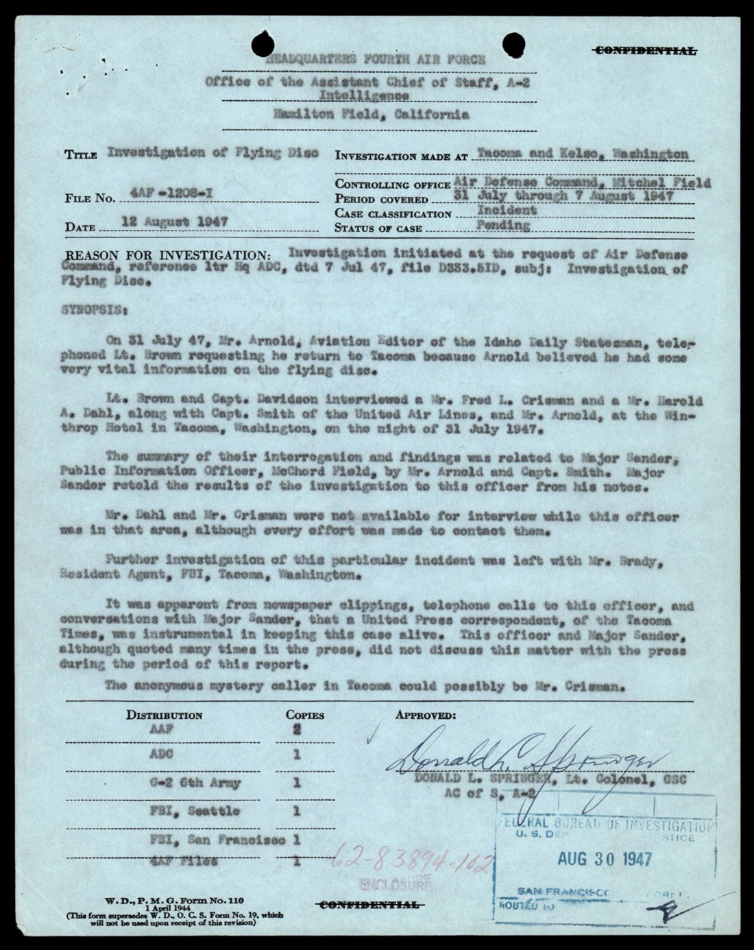 4AF CIC Status of Case Investigation of Flying Discs Tacoma Kelso