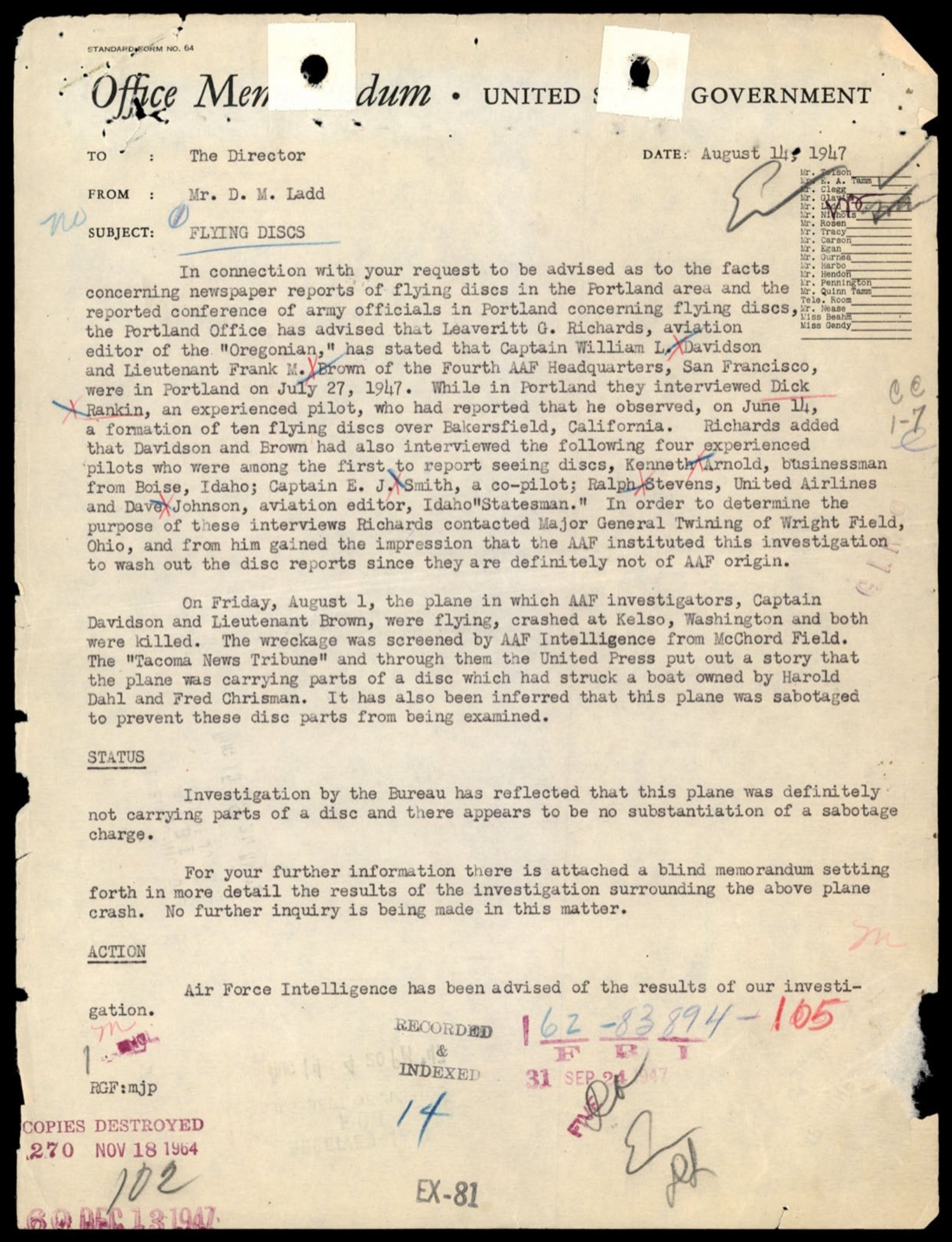 FBI Director memo Aug 11 1947 from D. M. Ladd
