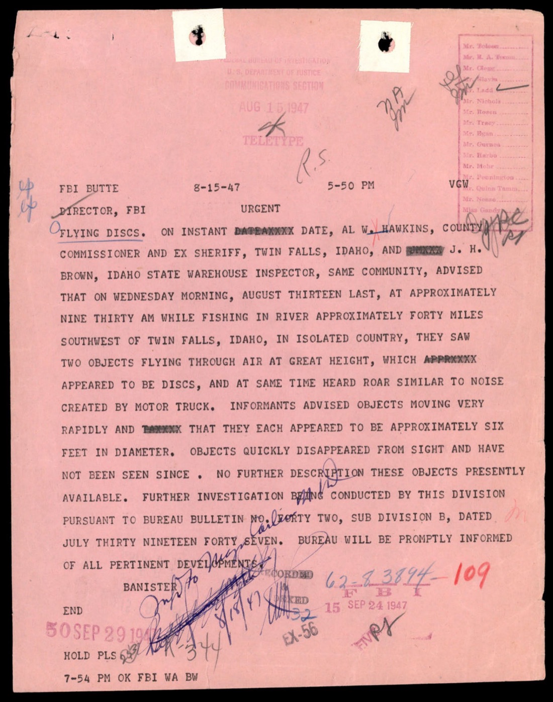 Butte FBI URGENT teletype Aug 15 1947