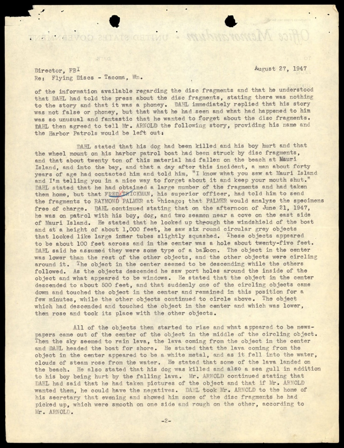 Hoover memo from Dahl detailed account Aug 27 1947