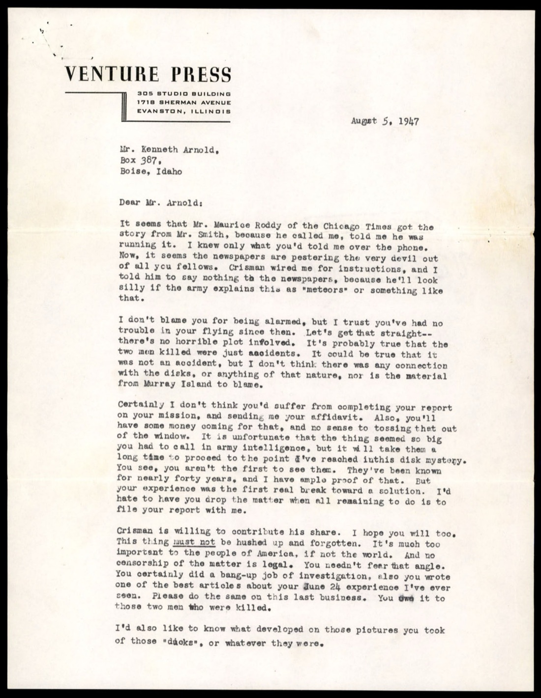 Venture Press August 5 1947 Palmer to Arnold