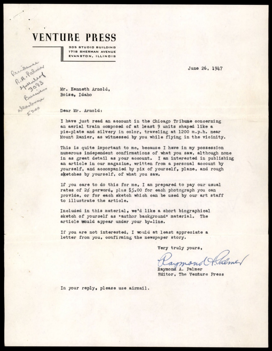 Venture Press June 26 1947 Palmer to Arnold
