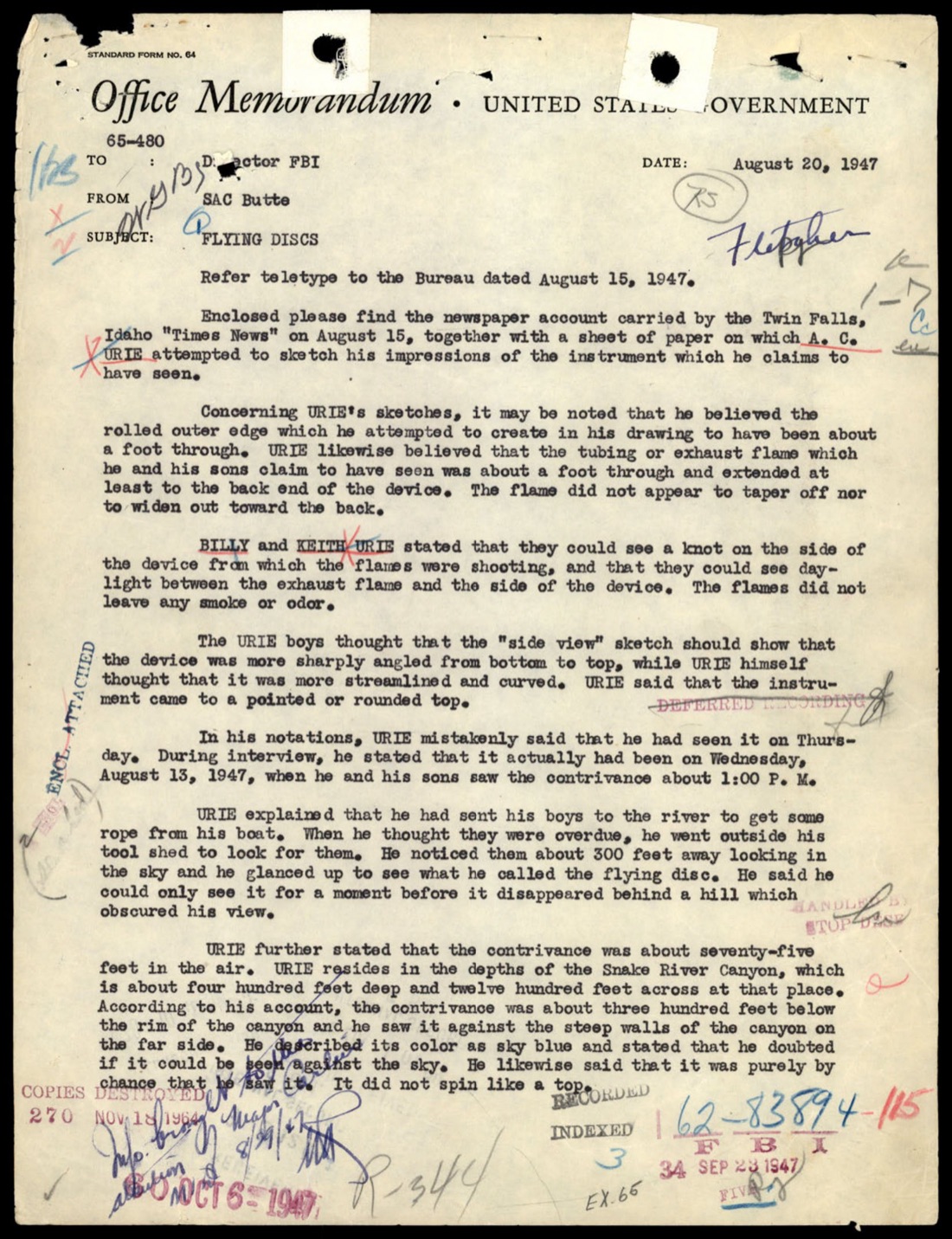 Office Memo Urie Twin Falls Aug 20 1947