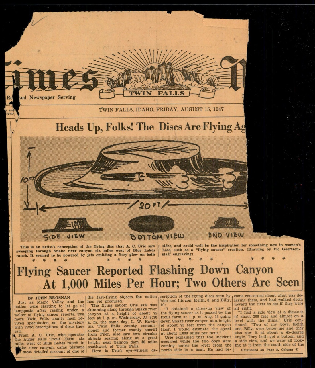 Times-News Twin Falls Aug 15 1947 with artist sketch