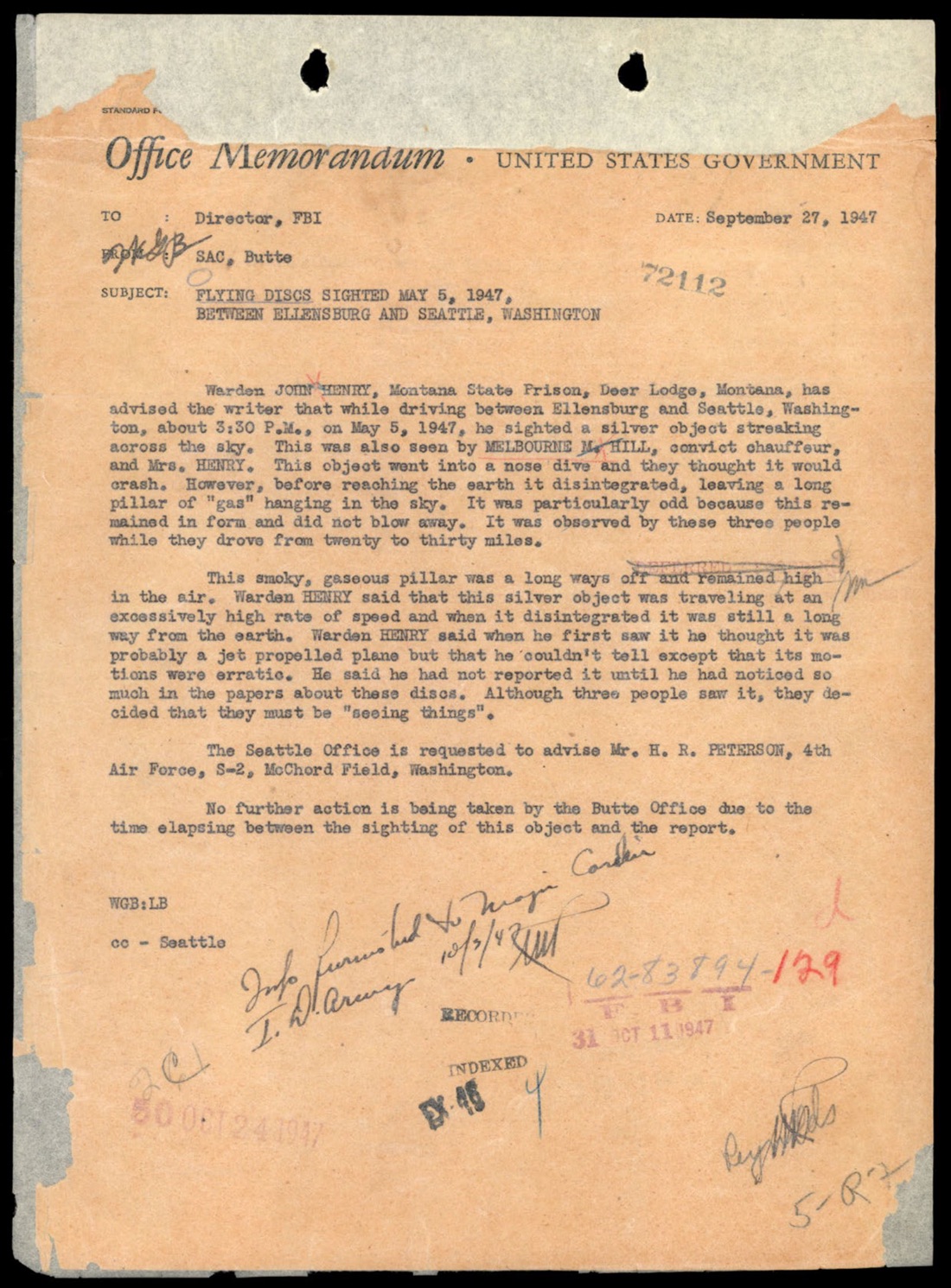 Warden Henry Deer Lodge Montana May 5 1947 sighting