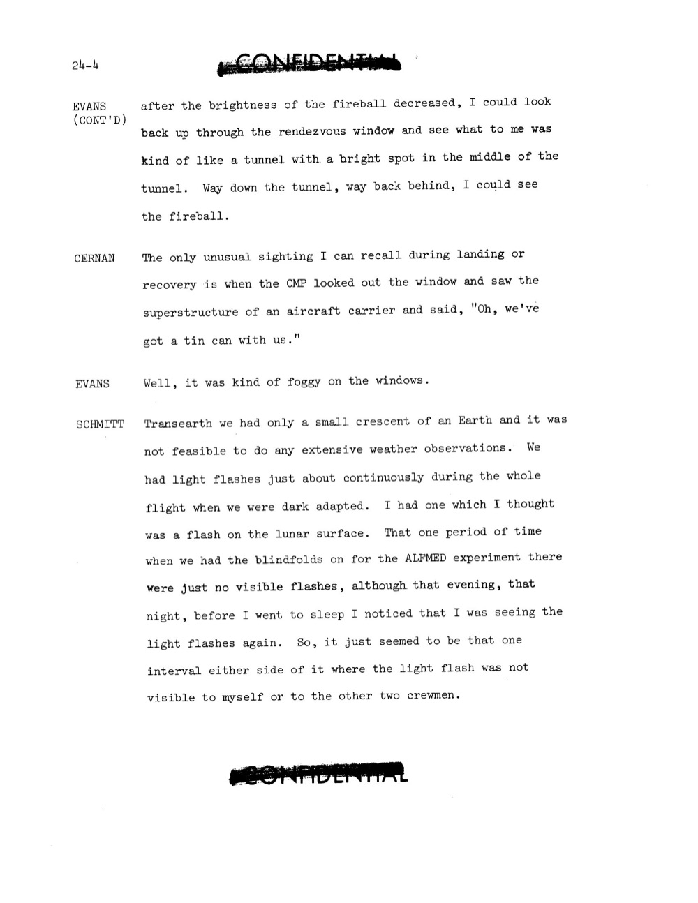 td-evans-schmitt-flashes.jpg：頁碼 24-4，Schmitt 接 Evans 講 trans-Earth 段窗外霧